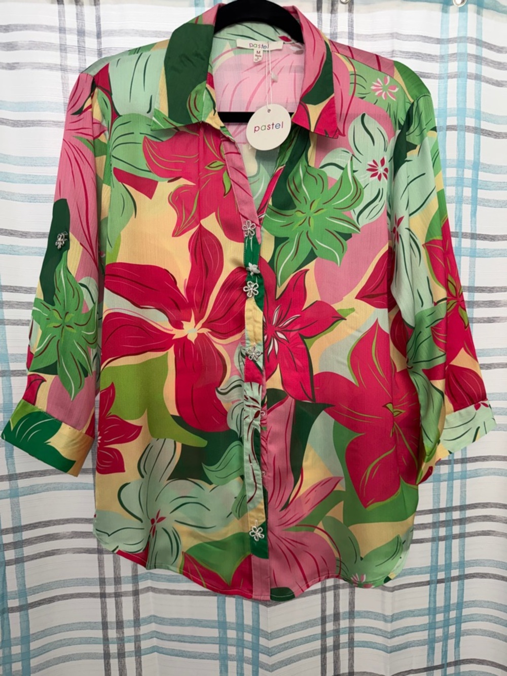 Pastels Floral Button-Up Shirt in Pink, Green & Yellow